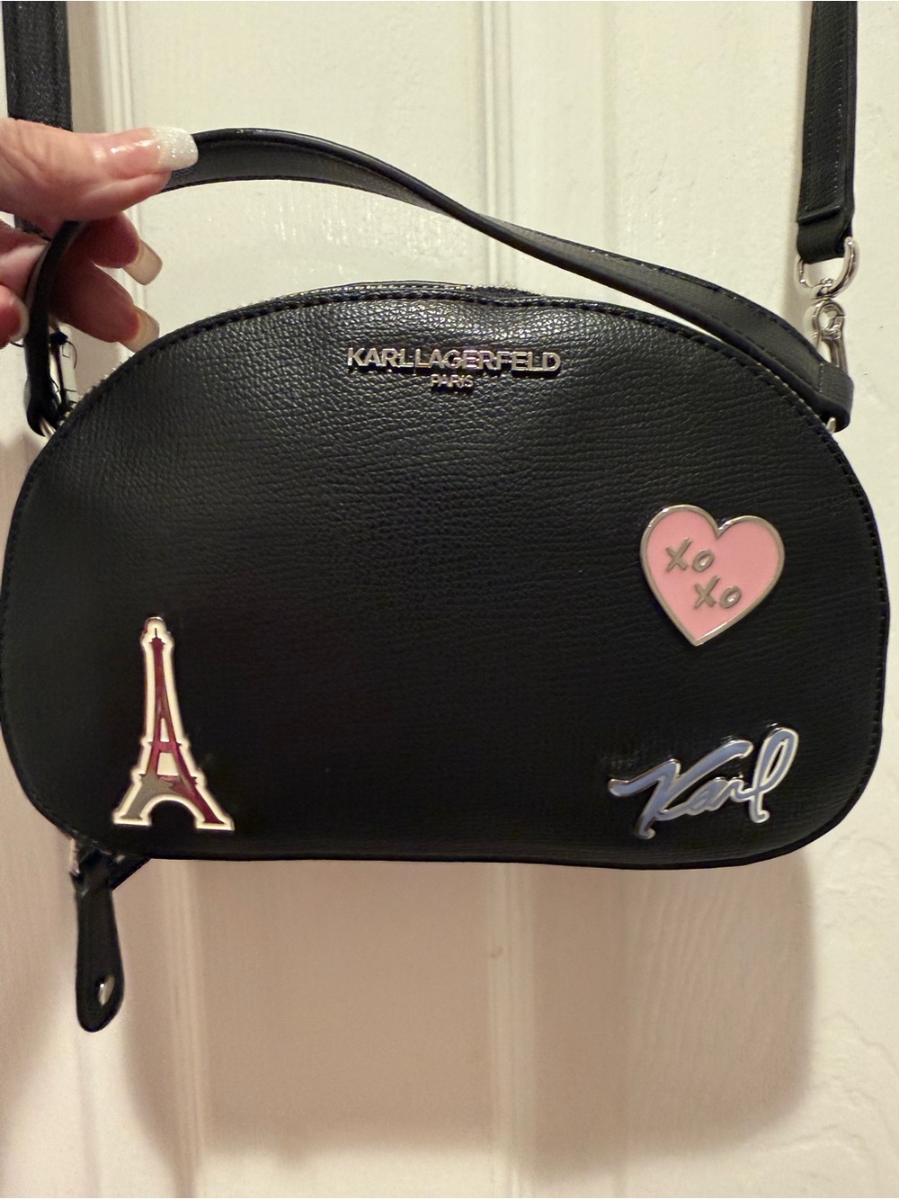 KARL LAGERFELD PARIS MAYBELLINE CROSSBODY BAG WITH PARIS PATCHES